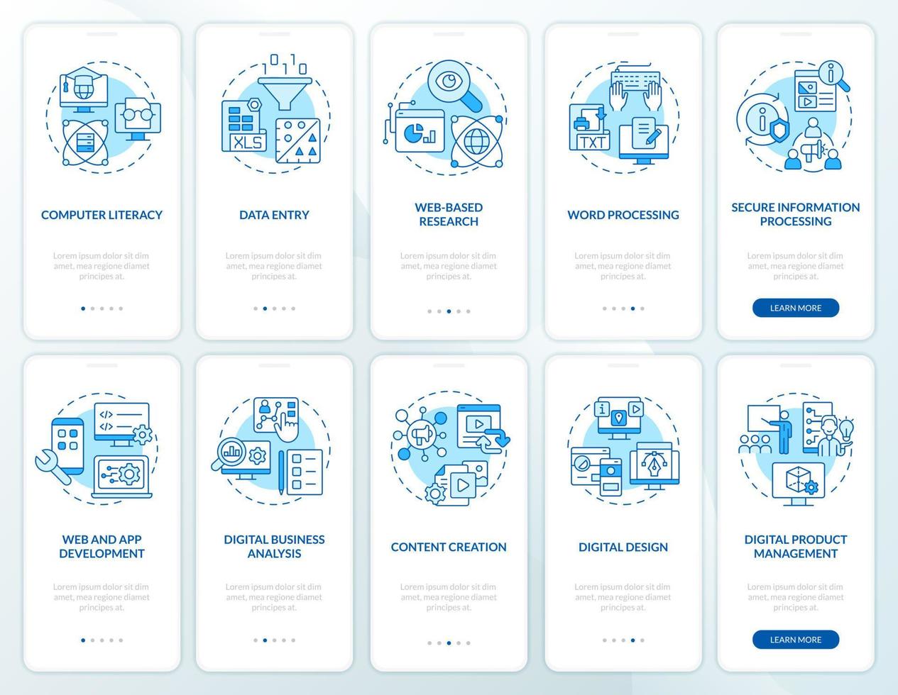 habilidades digitais e alfabetização conjunto de tela de aplicativo móvel de integração azul. passo a passo 5 passos páginas de instruções gráficas com conceitos lineares. ui, ux, modelo de gui vetor