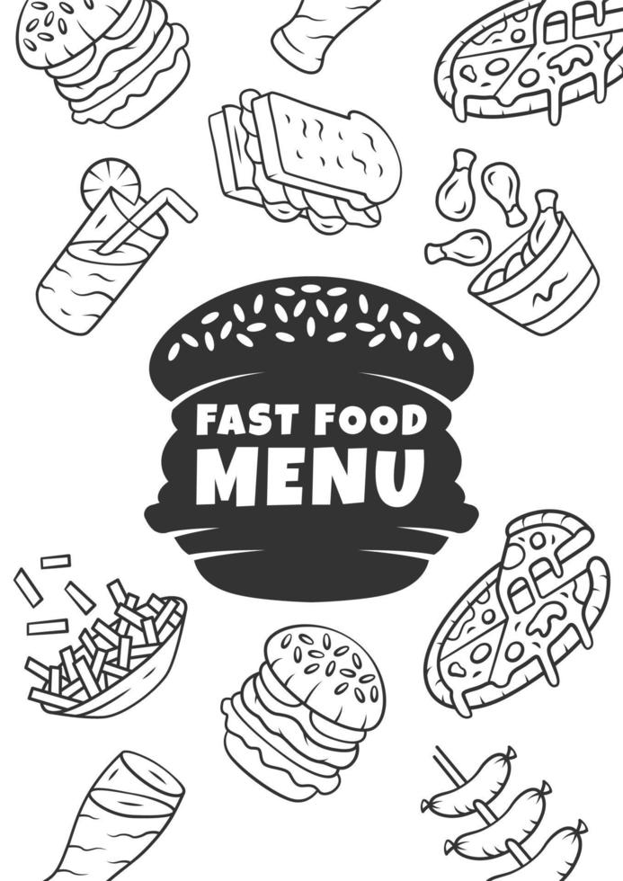 modelo de capa de menu de fast food. salsichas, hambúrguer. ideia de tipografia de letras isoladas com ícones lineares. ilustrações de conceito vetorial. restaurante, cartaz de café, folheto, layout de página de brochura vetor