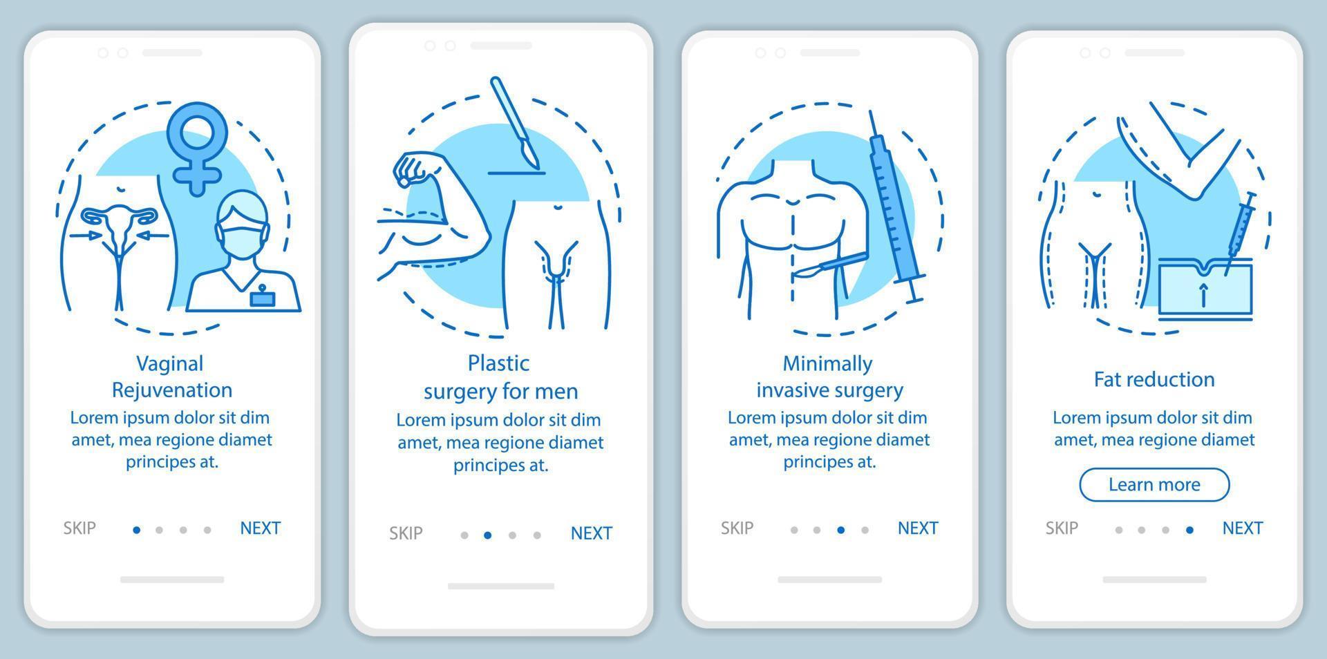 serviços de centro de cirurgia plástica integrando a tela da página do aplicativo móvel com conceitos lineares. redução de gordura. quatro passos passo a passo instruções gráficas. ux, ui, modelo de vetor gui com ilustrações