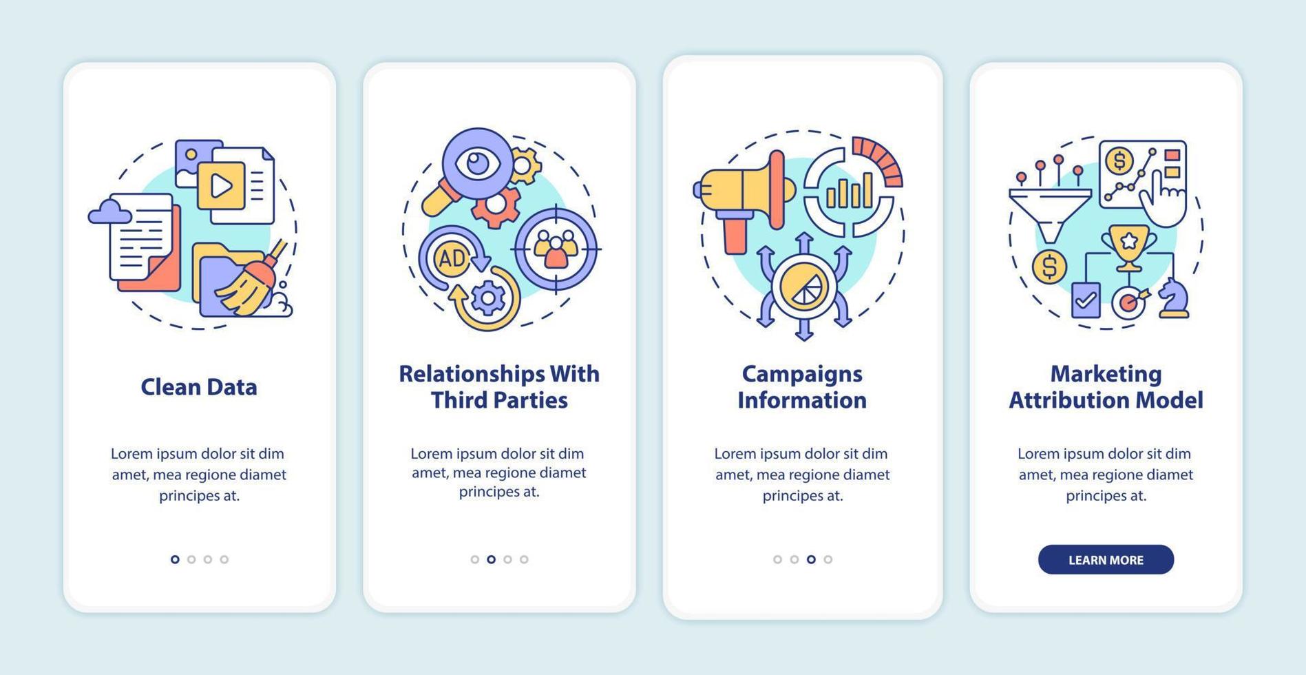 opções de plataforma de marketing digital integrando a tela do aplicativo móvel. anúncios passo a passo páginas de instruções gráficas de 4 etapas com conceitos lineares. ui, ux, modelo de gui vetor