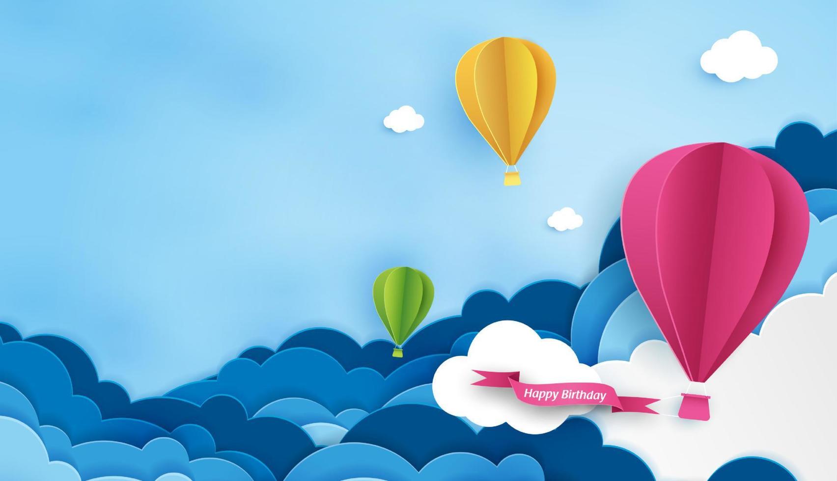 arte de papel de aniversário com balão e nuvem no céu. pode ser usado para papel de parede, convite, cartazes, banners. desenho vetorial vetor