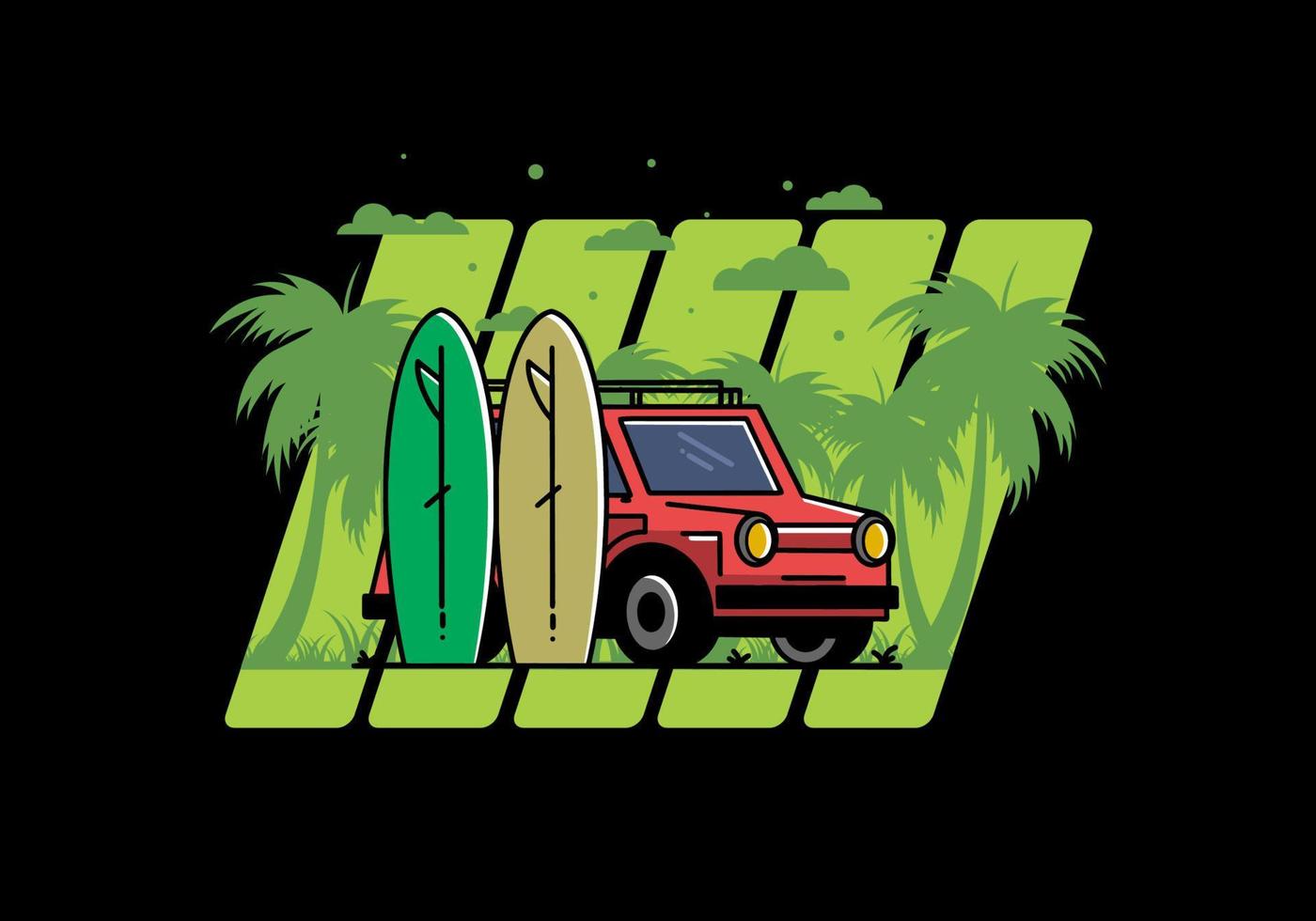 ilustração de carro pequeno e duas pranchas de surf vetor