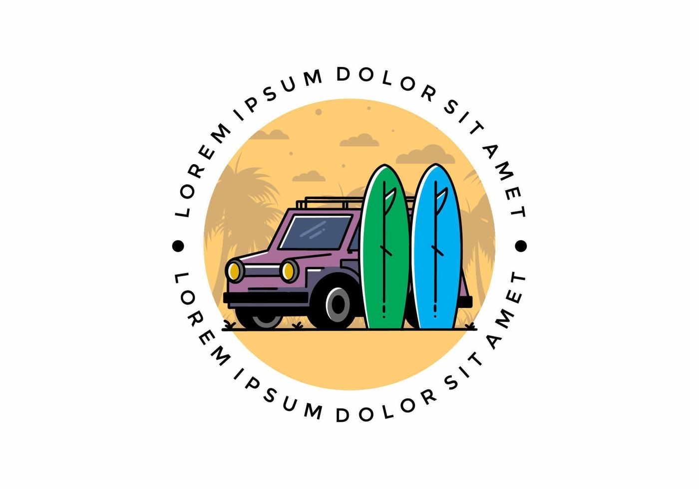 ilustração de carro pequeno e duas pranchas de surf vetor