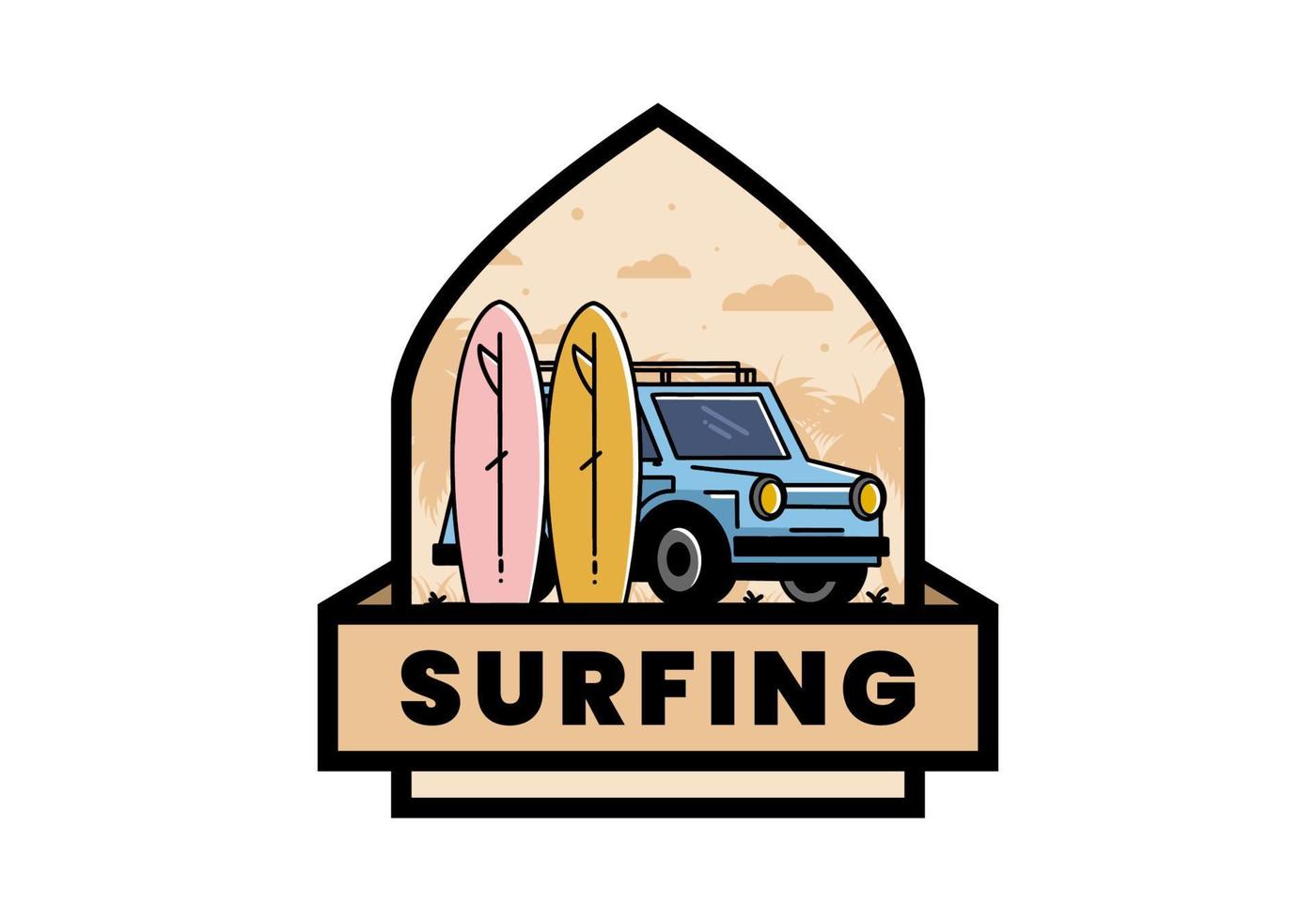 ilustração de carro pequeno e duas pranchas de surf vetor