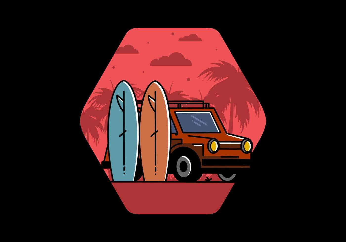 ilustração de carro pequeno e duas pranchas de surf vetor