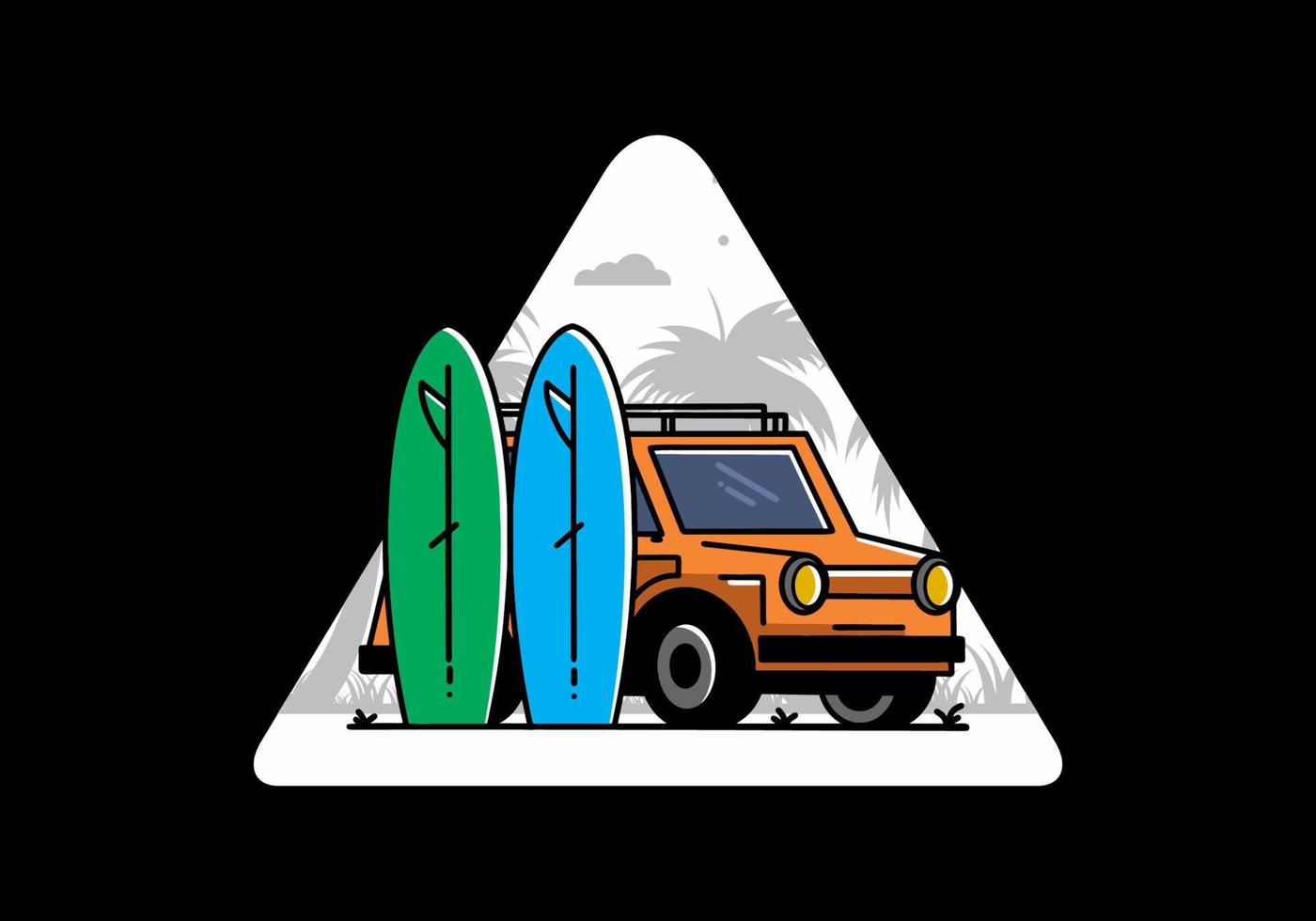 ilustração de carro pequeno e duas pranchas de surf vetor
