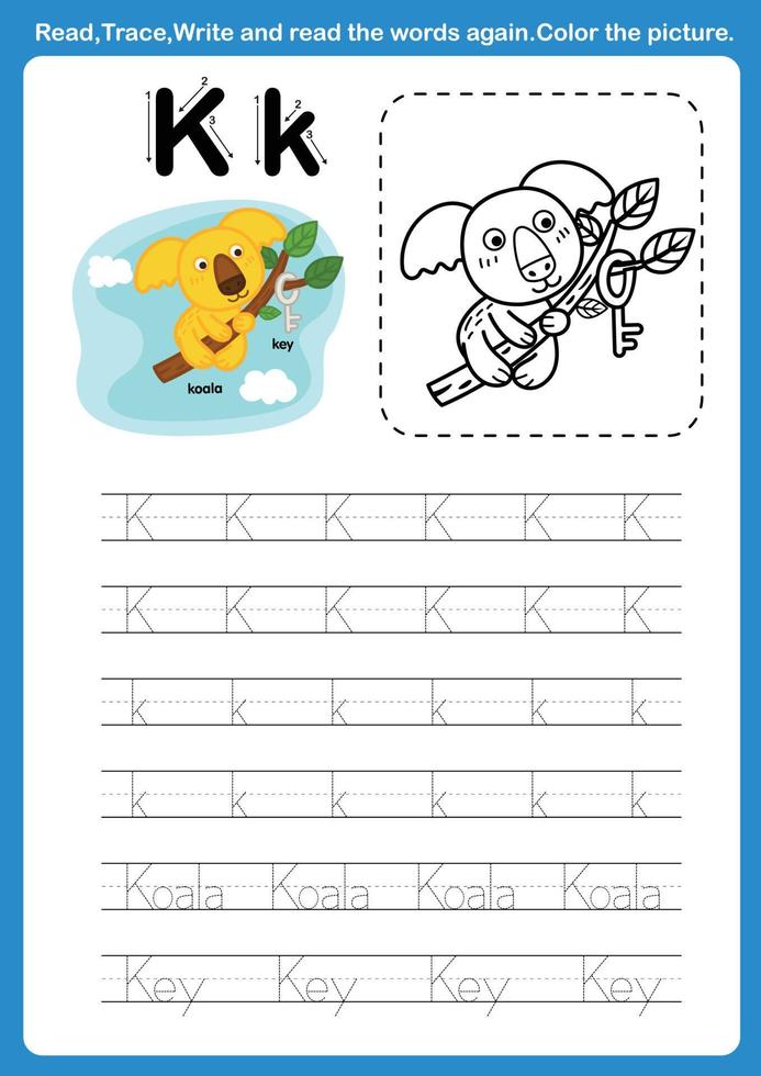 letra do alfabeto k com vocabulário de desenho animado para ilustração de livro de colorir, vetor