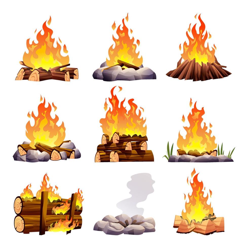conjunto de fogueira acesa ou ilustração de desenhos animados de fogueira vetor