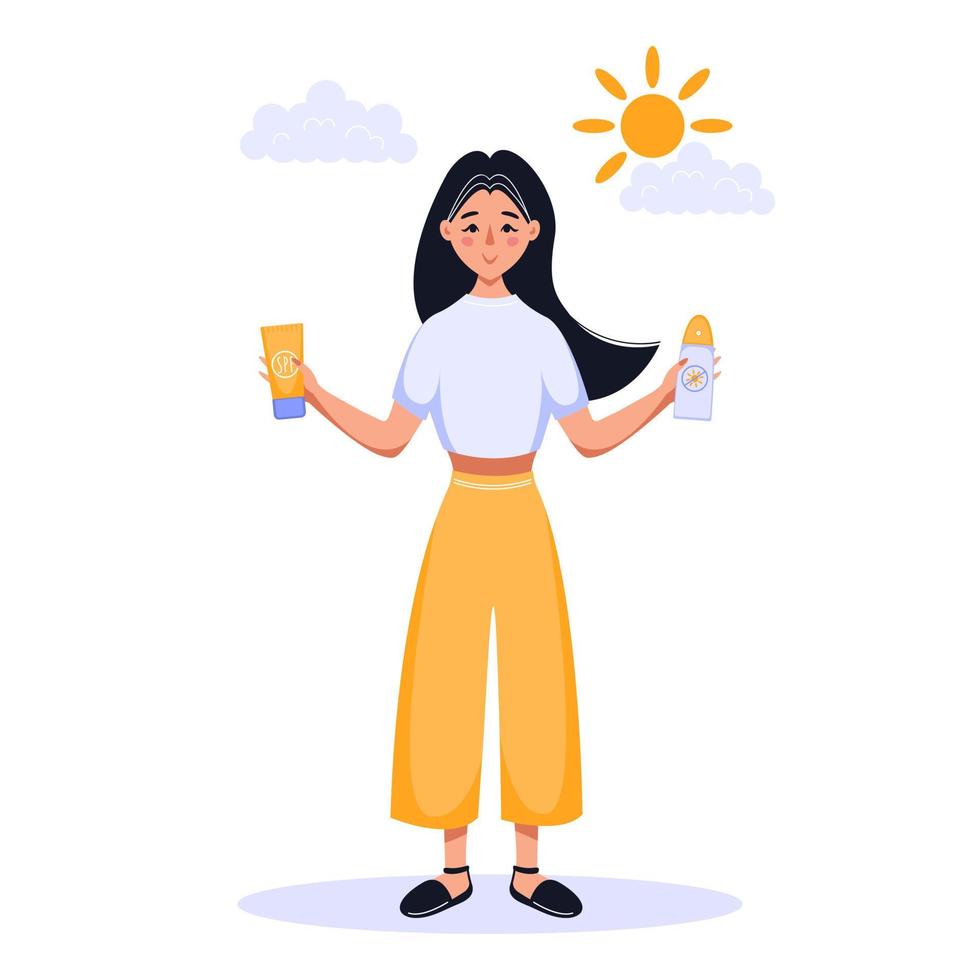 menina bonita segurando protetor solar e spray spf para escolher. o sol protege o conceito de pele. ilustração em vetor plana.