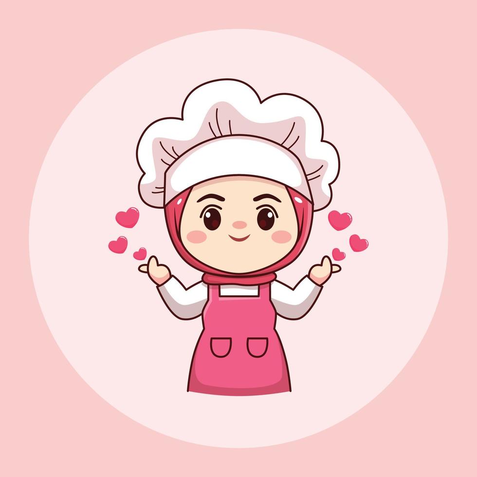 chef ou padeiro feminino hijab bonito e kawaii com sinal de amor desenho de personagens de mangá chibi vector design