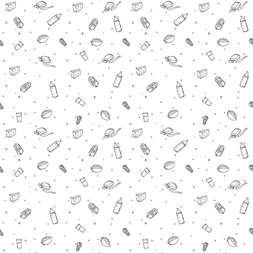 padrão de produção de leite sem costura. ilustração vetorial doodle com ícone de produtos lácteos. padrão com comida de leite vetor