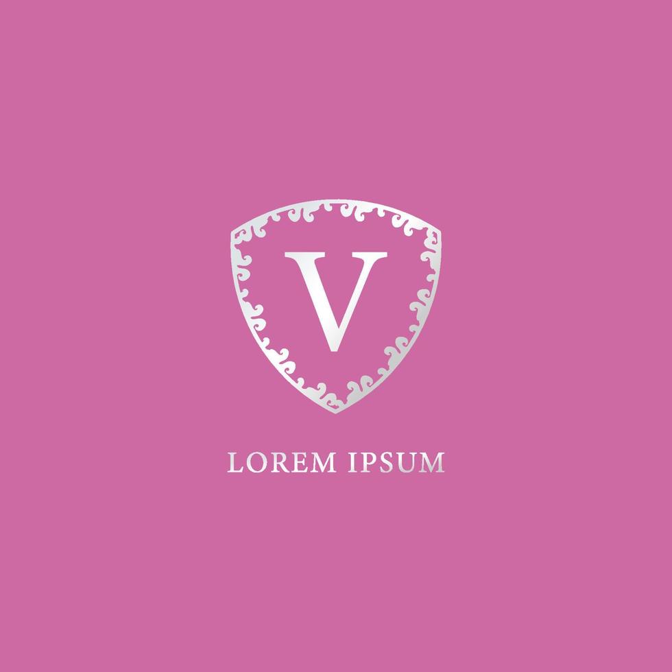 v carta modelo de design de logotipo inicial. adequado para produtos de seguros, moda e beleza. ilustração de escudo floral decorativo de luxo prata. isolado no fundo de cor rosa. vetor