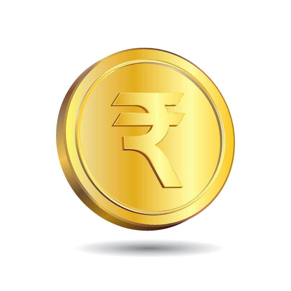 Ilustração em vetor 3D de moeda de rúpia de ouro isolada no fundo de cor branca. símbolo de moeda indiana.