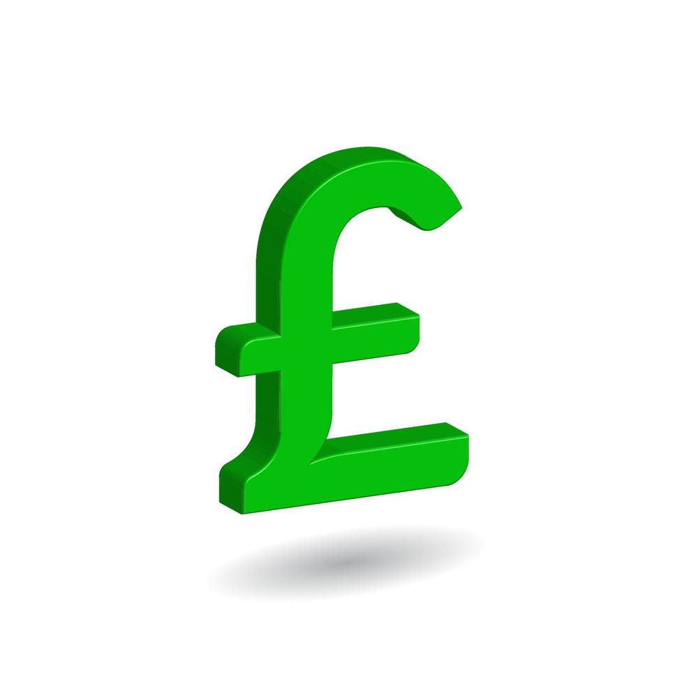 Ilustração em vetor 3D de sinal de libra esterlina verde isolado no fundo de cor branca. símbolo de moeda britânico, reino unido.