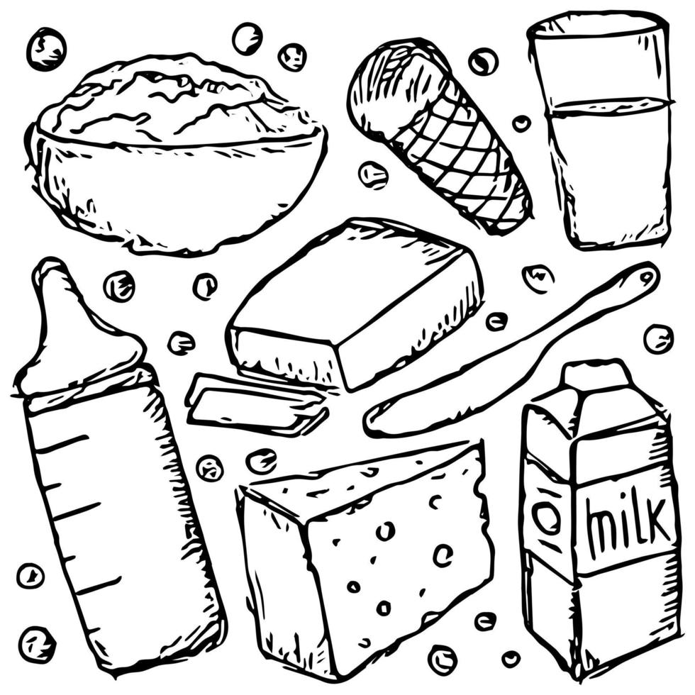 produção de leite. ilustração vetorial doodle com ícone de produtos lácteos. comida de leite vetor