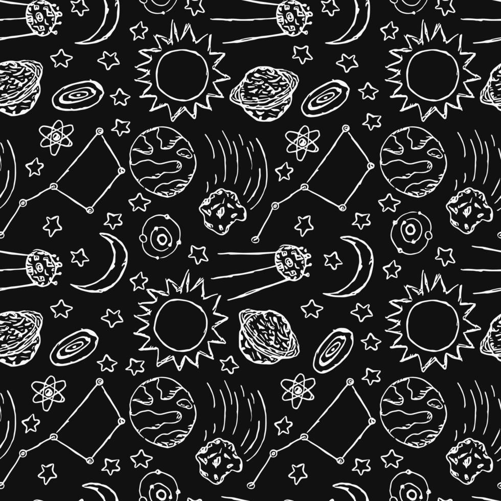 padrão de espaço sem costura. fundo do cosmos. ilustração de espaço vetorial doodle com planetas, cometa, estrelas, lua, sol e buraco negro vetor