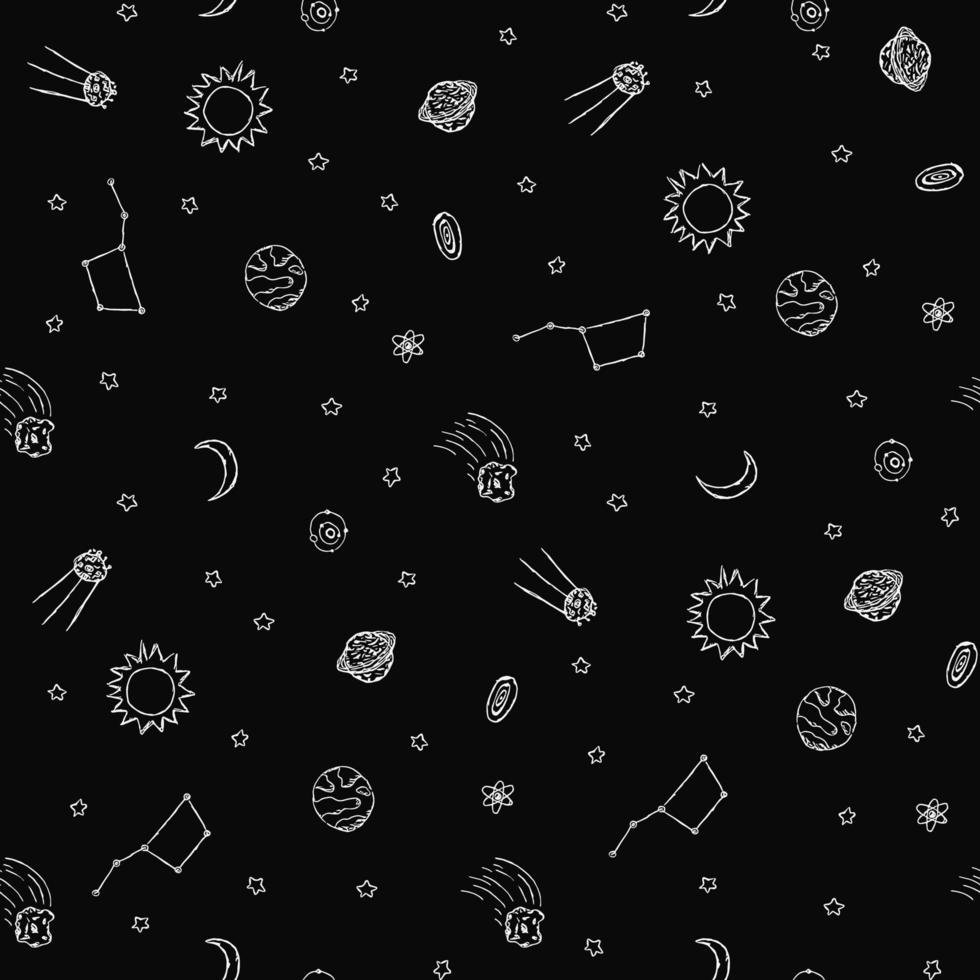 padrão de espaço sem costura. fundo do cosmos. ilustração de espaço vetorial doodle com planetas, cometa, estrelas, lua, sol e buraco negro vetor