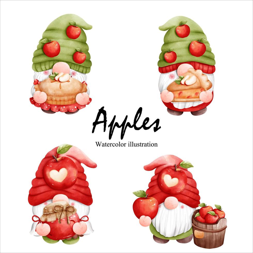 gnomo de maçãs em aquarela, ilustração vetorial de frutas gnomo vetor