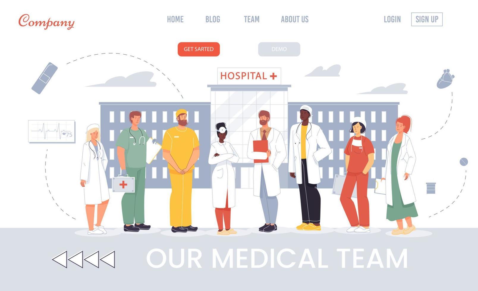 página de destino do hospital apresentando a equipe médica vetor