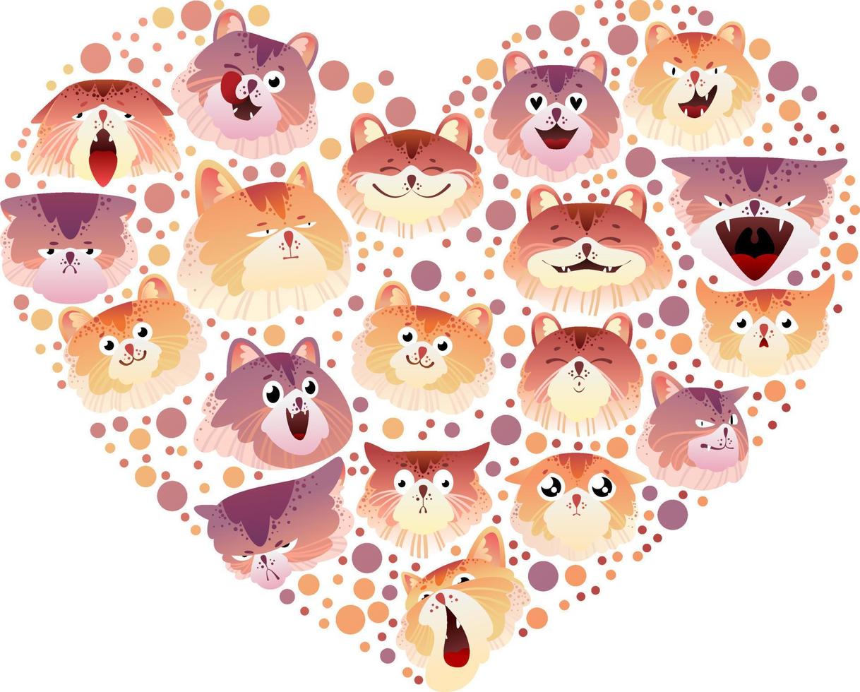 coleção de gatos em forma de coração. ilustração vetorial. vetor