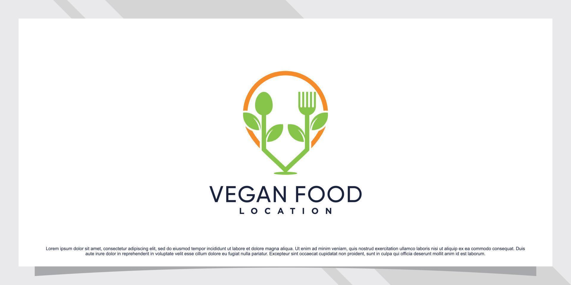 design de logotipo de localização de comida vegana com pin point e elemento criativo vetor