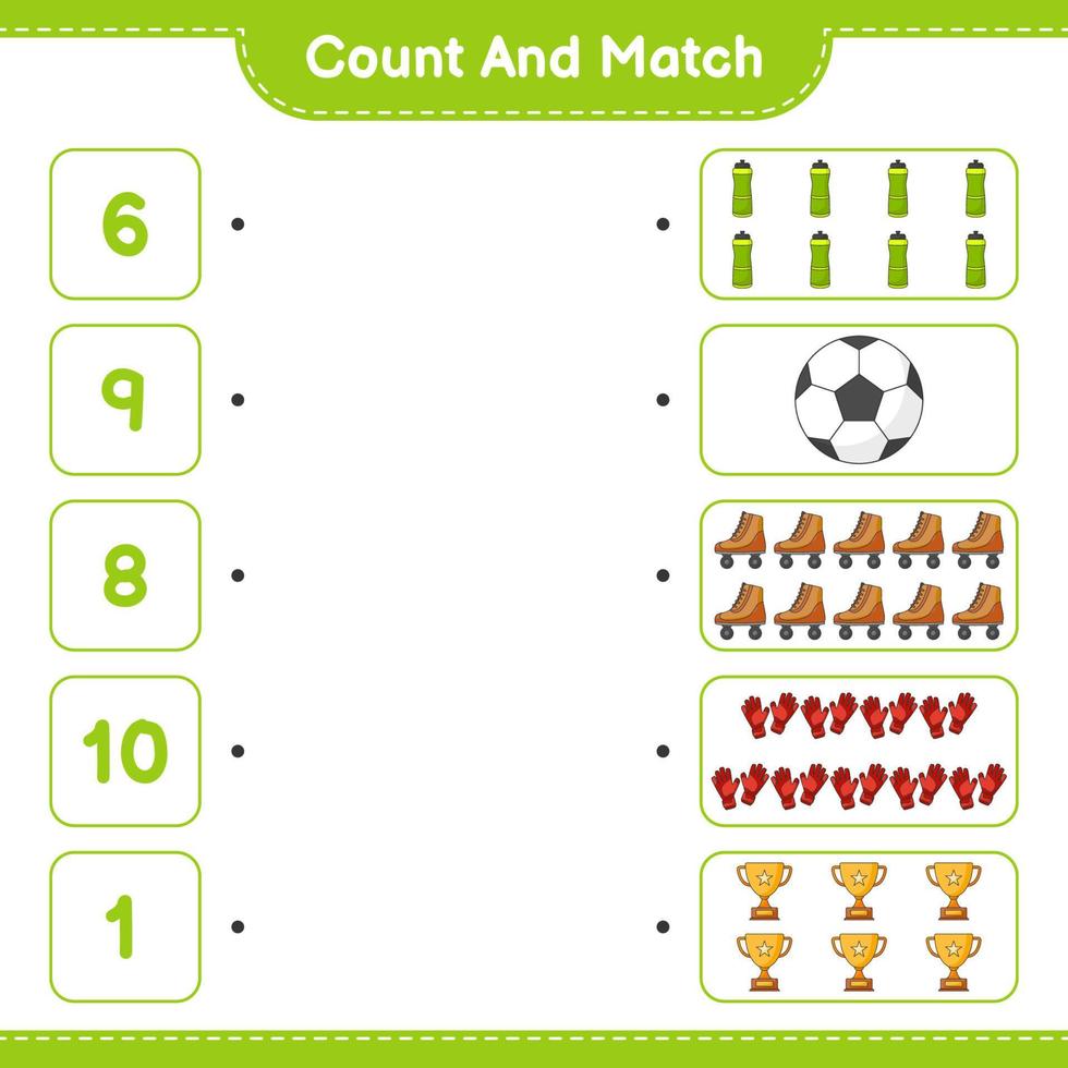 conte e combine, conte o número de garrafa de água, troféu, bola, luvas, patins e combine com os números certos. jogo educativo para crianças, planilha para impressão, ilustração vetorial vetor