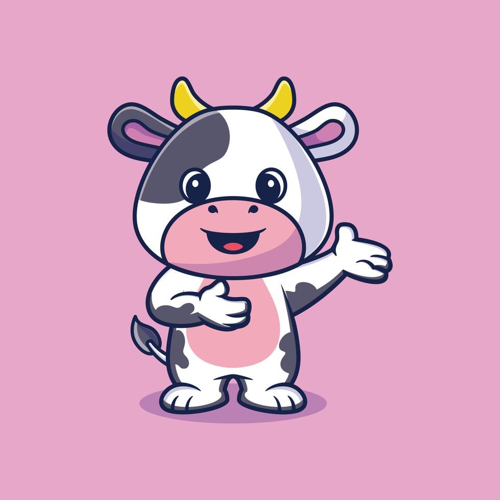 vaca bonitinha na ilustração de ícone de vetor de desenho animado gesto de boas-vindas. conceito de ícone de natureza animal isolado vetor premium