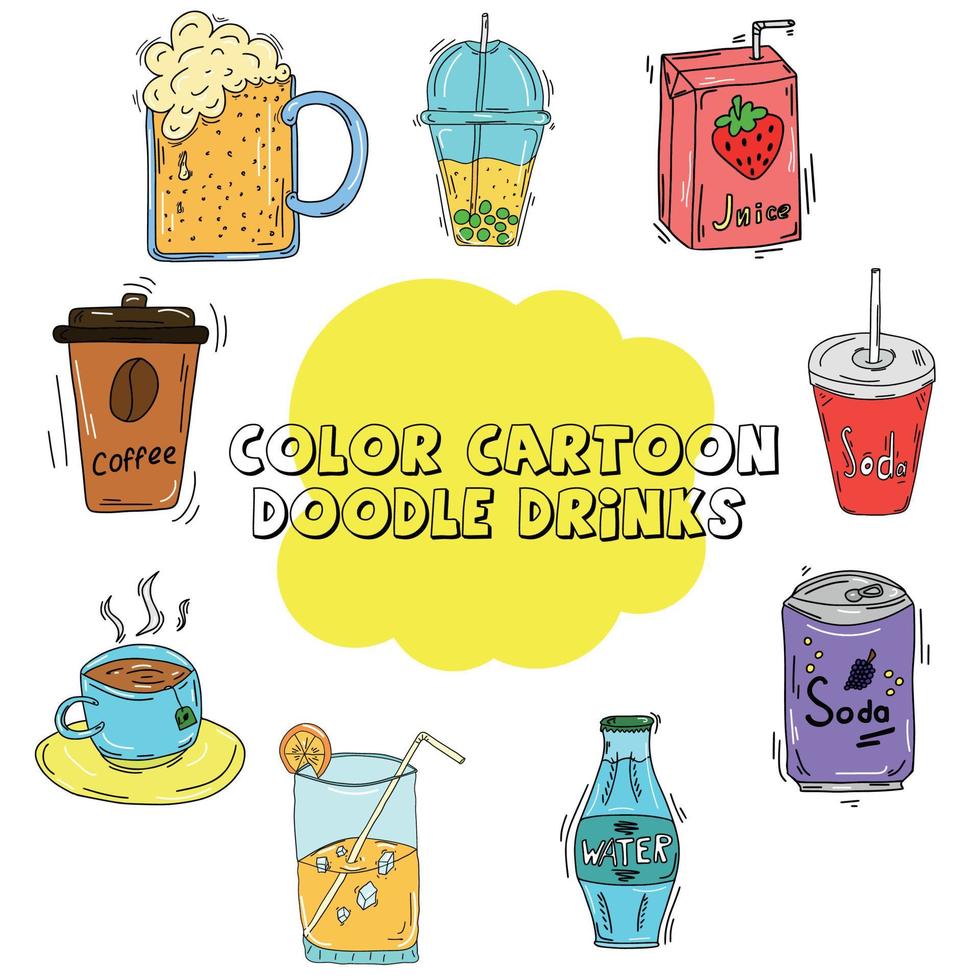 definir coleção de bebidas coloridas de desenhos animados vetor