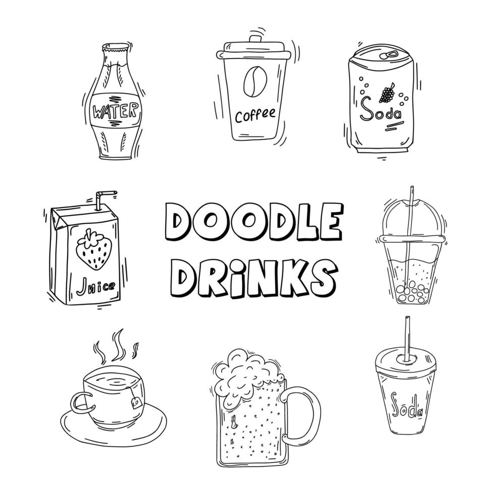 conjunto de bebidas de doodle desenhados à mão de coleção vetor