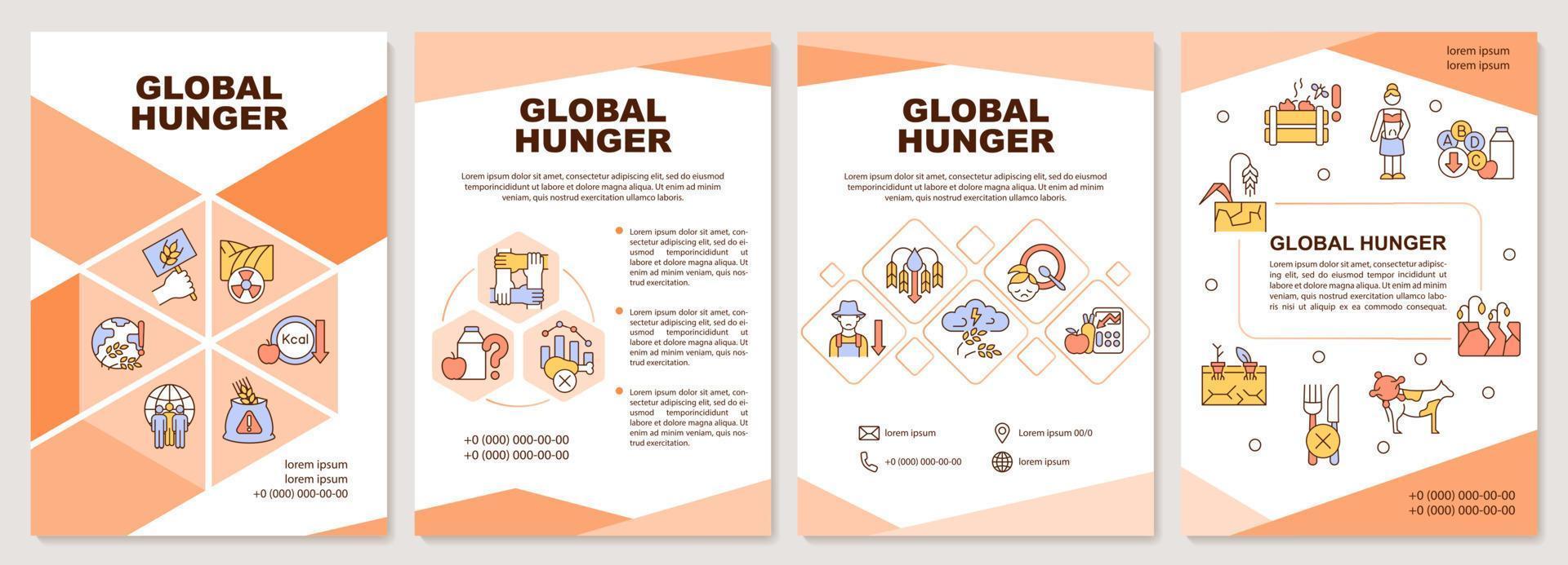 modelo de folheto global da fome. insegurança alimentar e fome. design de folheto com ícones lineares. 4 layouts vetoriais para apresentação, relatórios anuais vetor