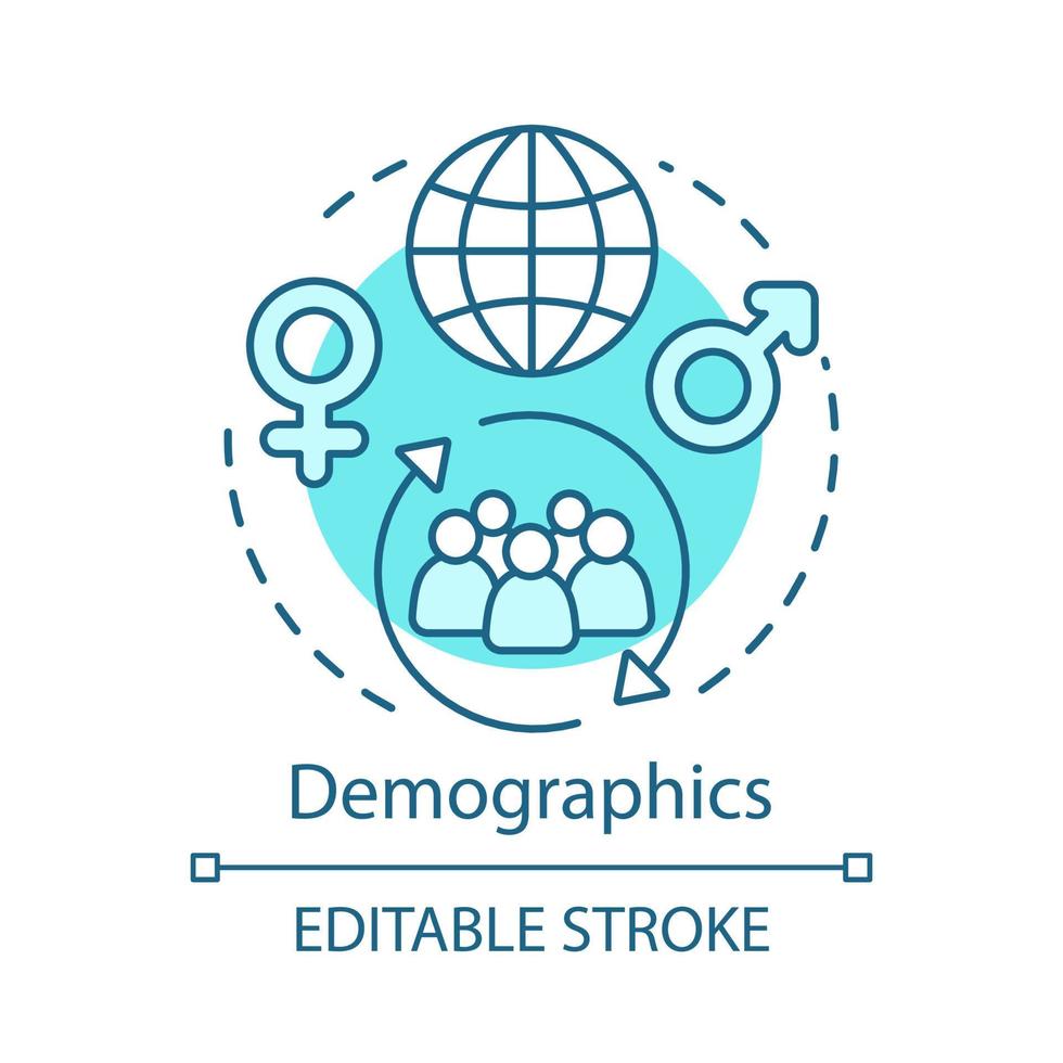 ícone do conceito turquesa de demografia. ilustração de linha fina de ideia de população mundial. diferentes sociedades, culturas, etnia, gênero, região, idades vector desenho de contorno isolado. traço editável