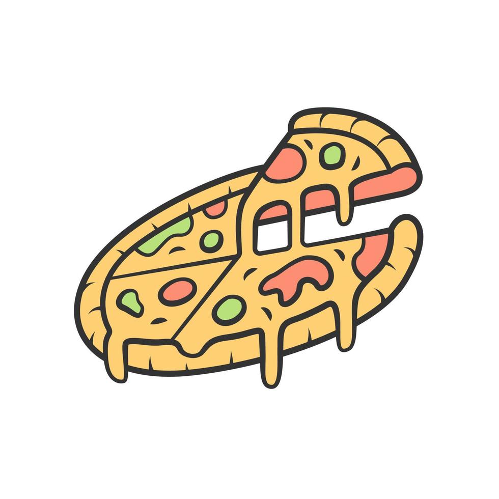 ícone de cor de pizza fatiada. pizzaria, pizzaria, restaurante, menu de café. comida tradicional italiana com queijo, molho e tomate. entrega de comida rápida. ilustração vetorial isolada vetor