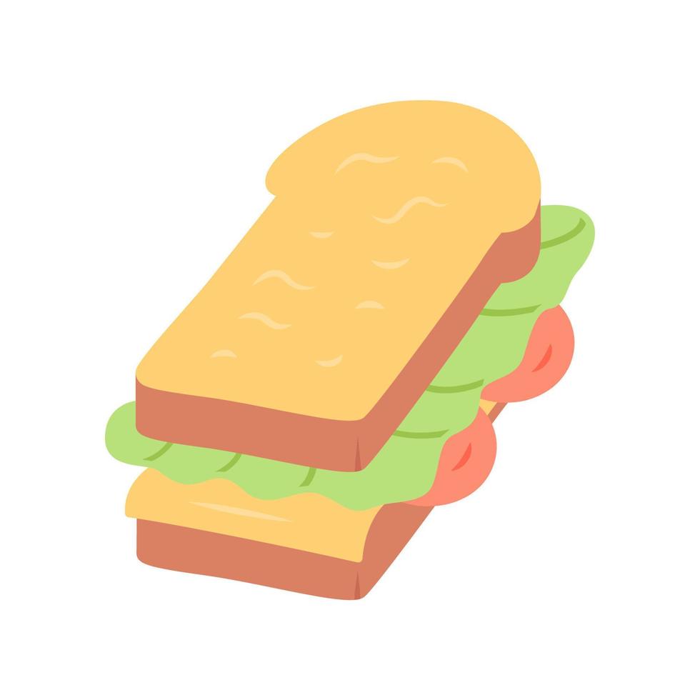 ícone de cor de sombra longa design plano sanduíche. fast food, café da manhã, almoço escolar. sanduíche com presunto, queijo, salada e pão torrado. café, lanche de restaurante, aperitivo. ilustração em vetor silhueta