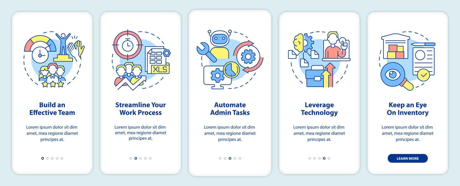 maneiras de aumentar a eficiência dos negócios na tela do aplicativo móvel. passo a passo 5 passos páginas de instruções gráficas com conceitos lineares. ui, ux, modelo de gui. vetor