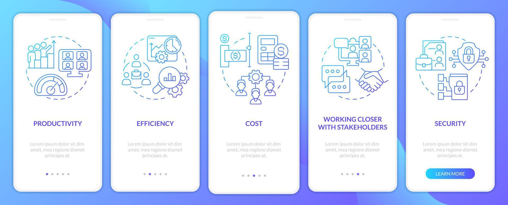 vantagens da tela de aplicativo móvel de integração de gradiente azul de teletrabalho. passo a passo 5 passos páginas de instruções gráficas com conceitos lineares. ui, ux, modelo de gui. vetor