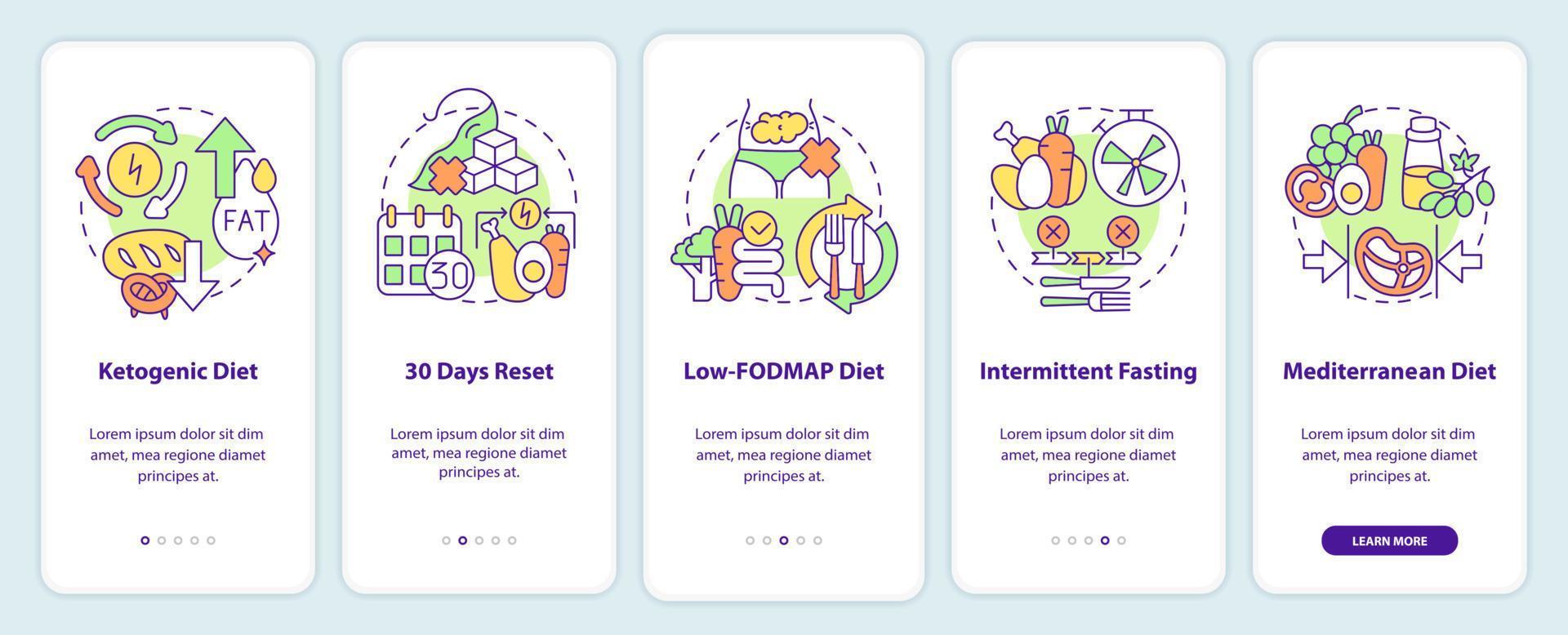 dietas da moda integrando a tela do aplicativo móvel. nutrição saudável passo a passo 5 passos páginas de instruções gráficas com conceitos lineares. ui, ux, modelo de gui. vetor