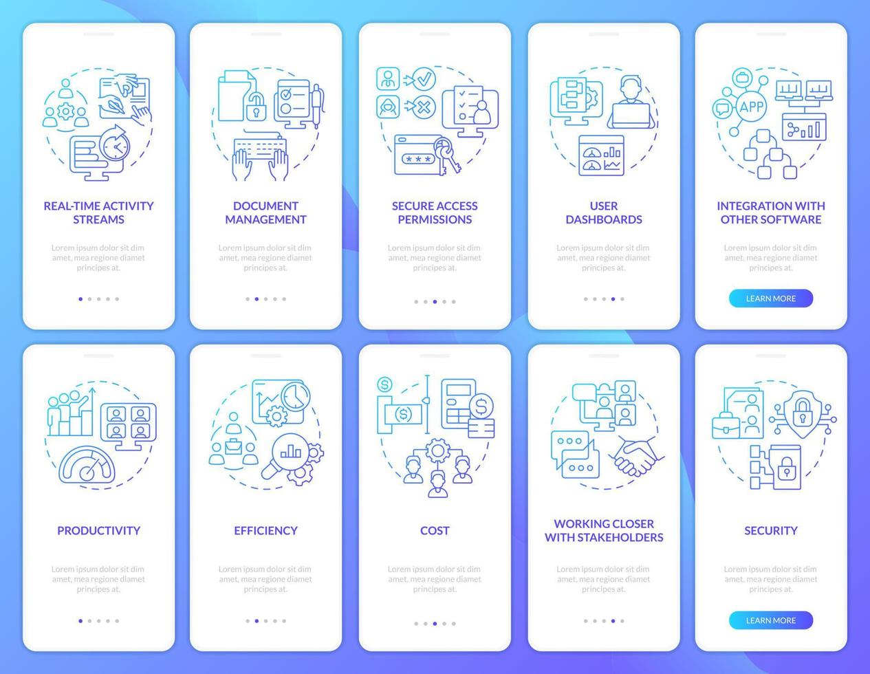 conjunto de tela de aplicativo móvel de integração de gradiente azul no local de trabalho on-line. passo a passo 5 passos páginas de instruções gráficas com conceitos lineares. ui, ux, modelo de gui. vetor