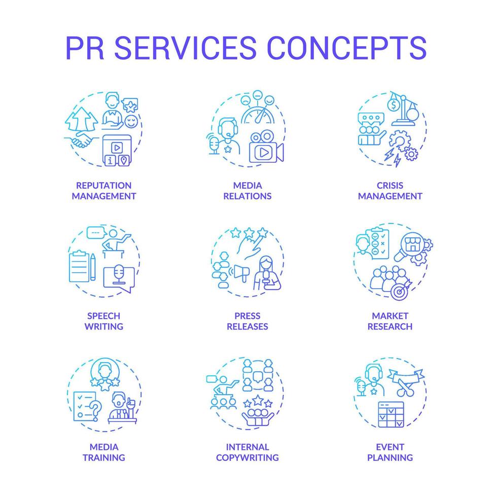 pr serviços azul turquesa conceito conjunto de ícones. estratégia para os negócios. agência de publicidade idéia ilustrações de cores de linha fina. símbolos isolados. traço editável. vetor