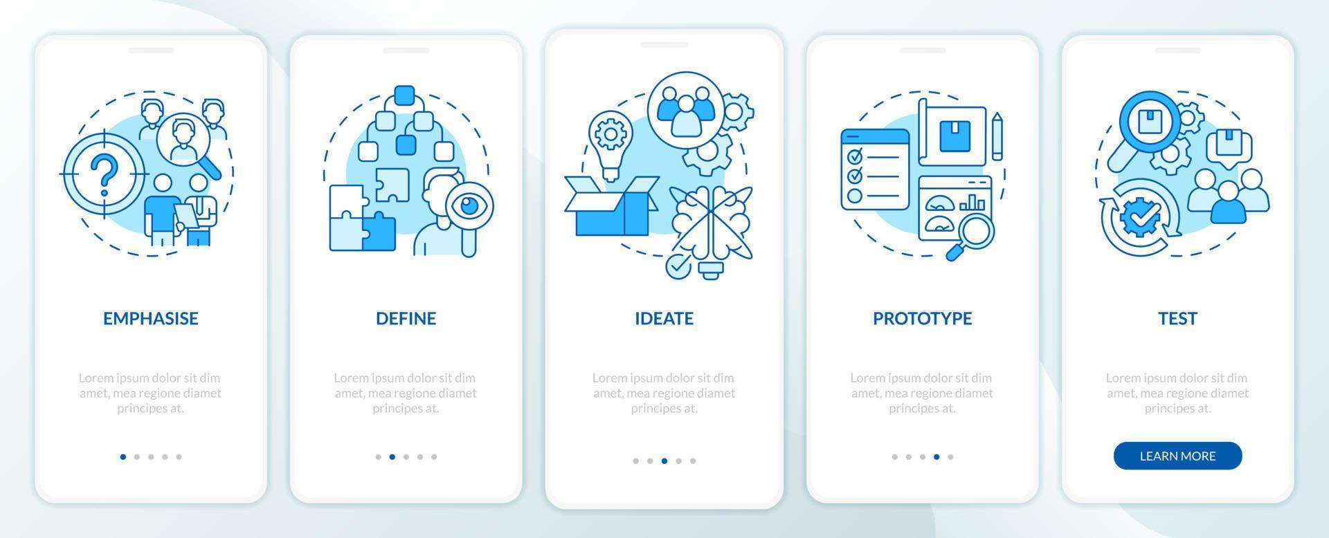 processo de design thinking tela de aplicativo móvel de integração azul. passo a passo de desenvolvimento 5 passos páginas de instruções gráficas com conceitos lineares. ui, ux, modelo de gui. vetor