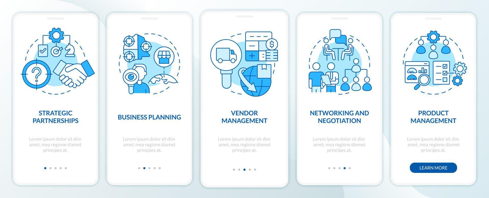 formas de desenvolvimento de negócios tela de aplicativo móvel de integração azul. processa páginas de instruções gráficas passo a passo de 5 passos com conceitos lineares. ui, ux, modelo de gui. vetor