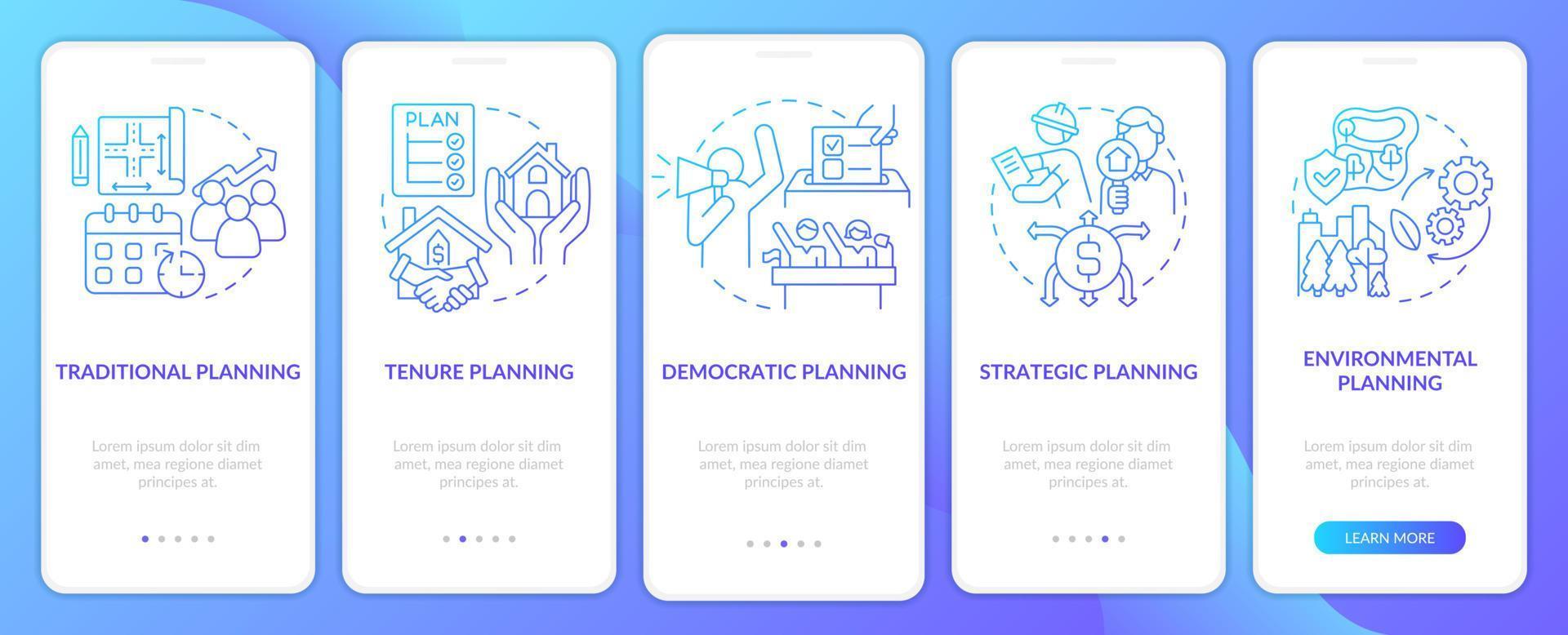 tela de aplicativo móvel de integração de gradiente azul de planejamento de uso de terra. passo a passo 5 passos páginas de instruções gráficas com conceitos lineares. ui, ux, modelo de gui. vetor