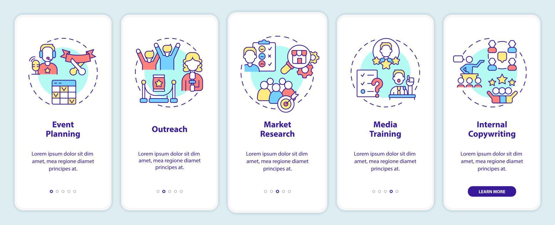 serviços de relações públicas para organizações que integram a tela do aplicativo móvel. relações passo a passo 5 passos páginas de instruções gráficas com conceitos lineares. ui, ux, modelo de gui. vetor