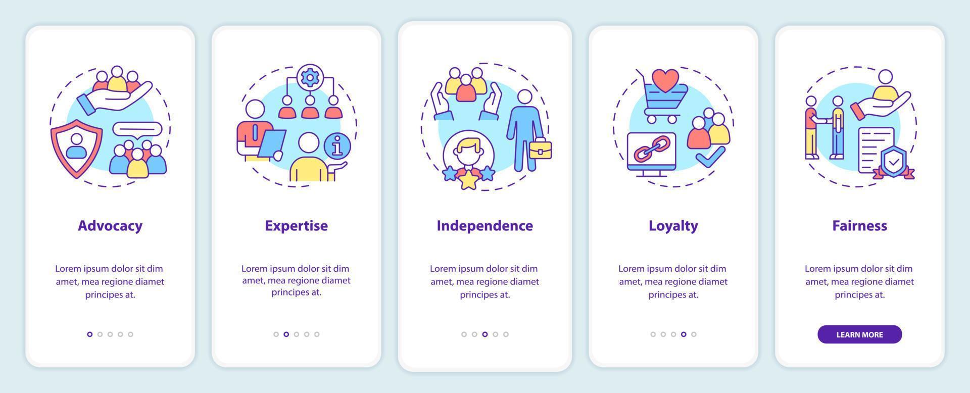 pr código de ética onboarding tela do aplicativo móvel. princípios passo a passo 5 passos páginas de instruções gráficas com conceitos lineares. ui, ux, modelo de gui. vetor