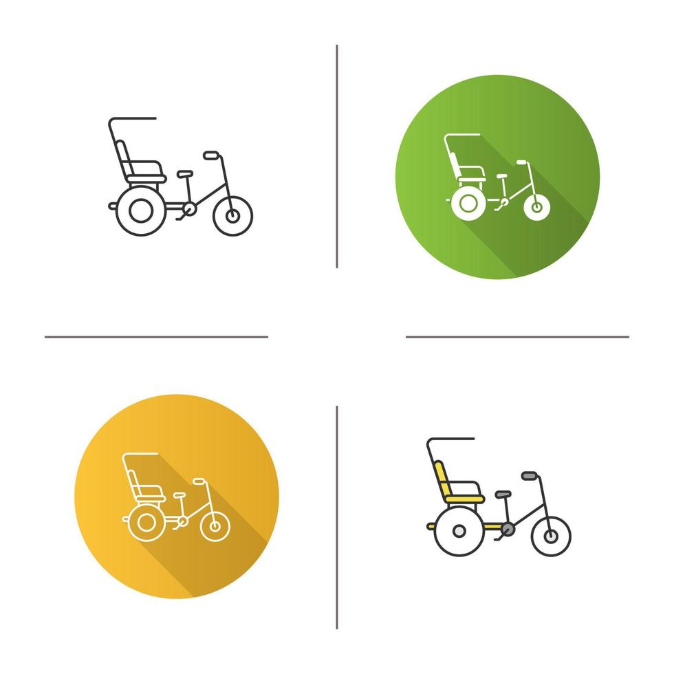 ícone de riquixá de bicicleta. velotaxi, pedicab. design plano, estilos lineares e de cores. ilustrações vetoriais isoladas vetor