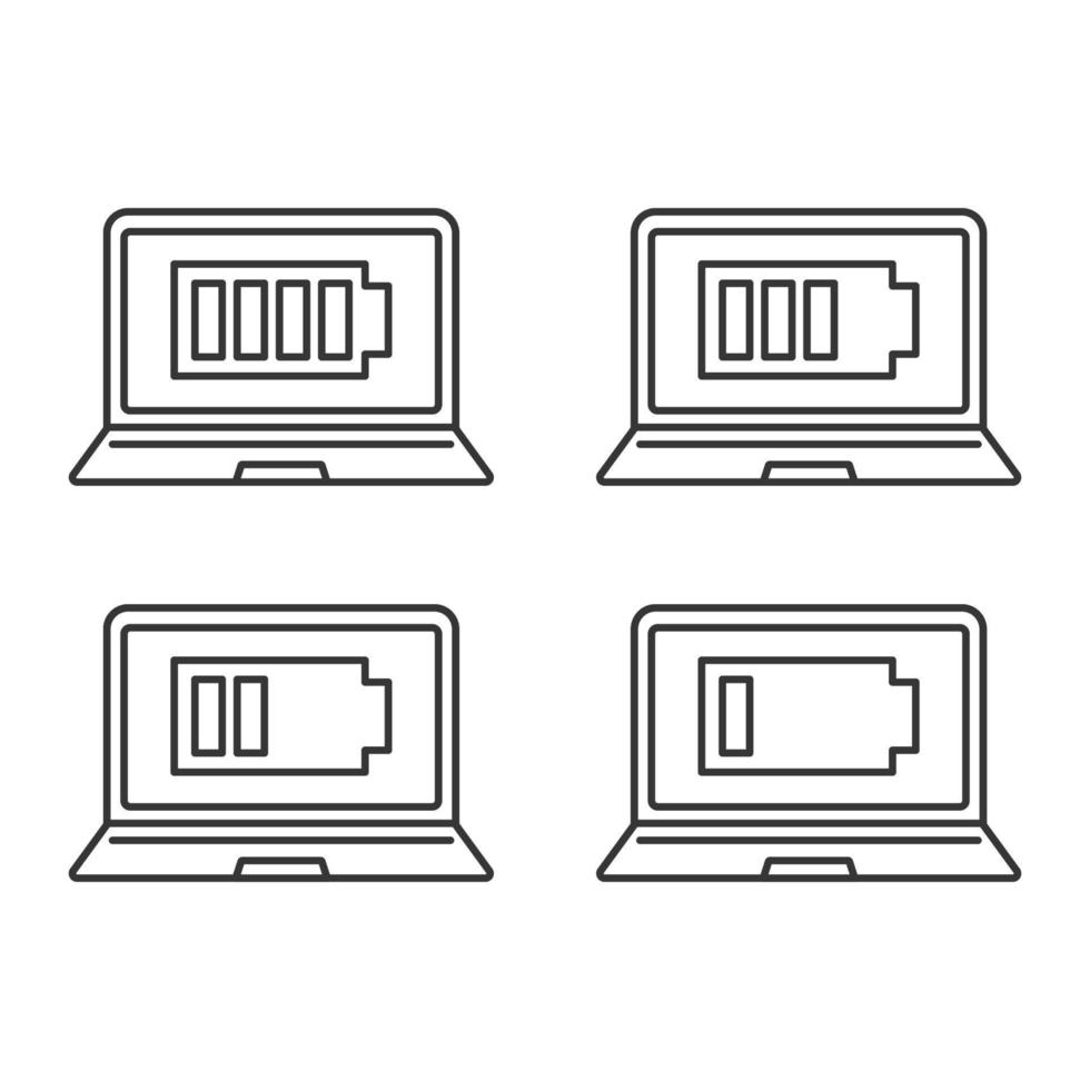 bateria do laptop carregando conjunto de ícones lineares. computador com carga alta, baixa e média. indicador de nível de bateria do notebook. símbolos de contorno de linha fina. ilustrações de contorno de vetor isolado. traço editável