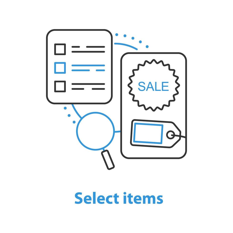 selecione o ícone do conceito de itens. mercado analisando a ilustração de linha fina de ideia. desenho de contorno isolado de vetor