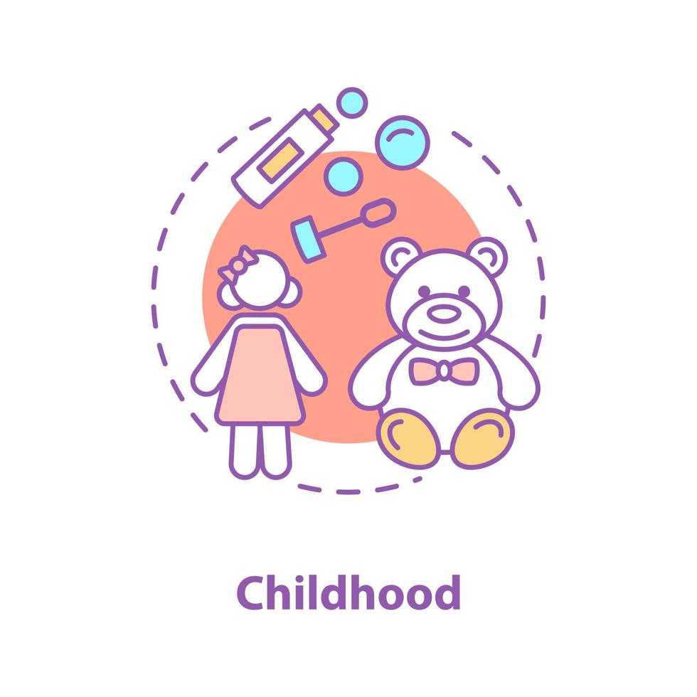 ícone do conceito de infância. ilustração de linha fina de idéia de menina criança. brinquedos infantis. desenho de contorno isolado de vetor