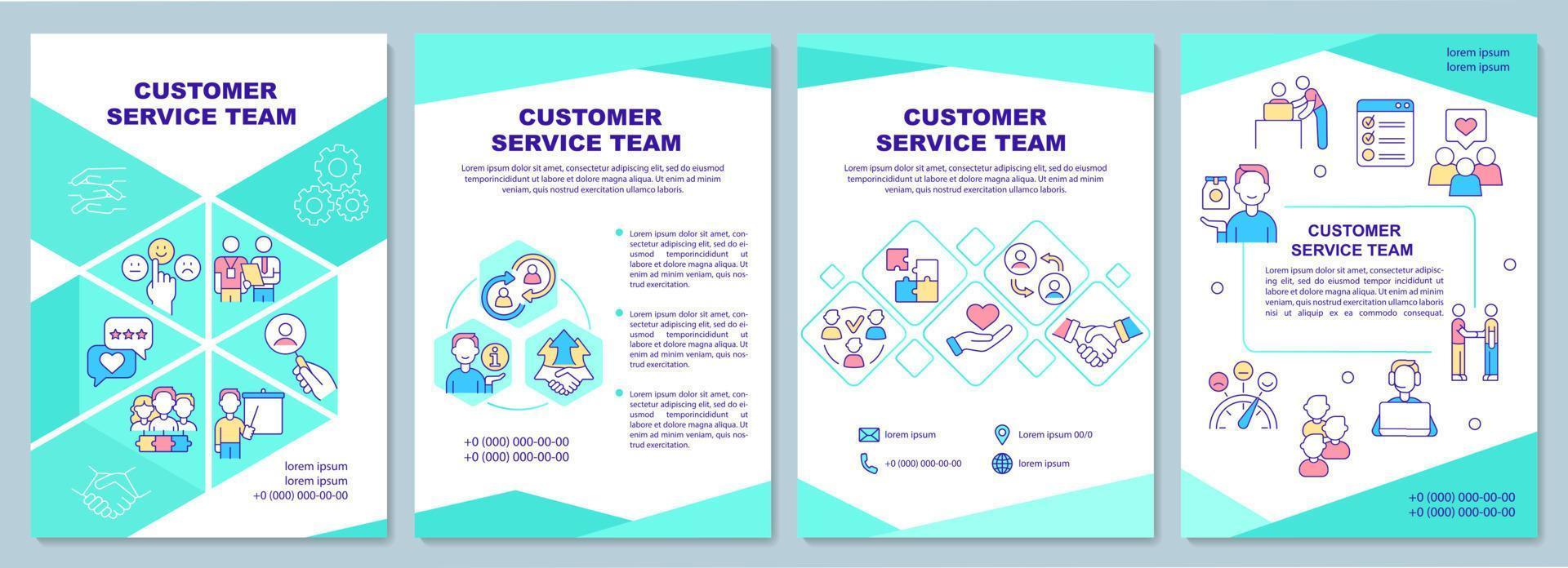 modelo de folheto da equipe de atendimento ao cliente. clientes satisfeitos. design de impressão de livreto com ícones lineares. layouts vetoriais para apresentação, relatórios anuais, anúncios vetor