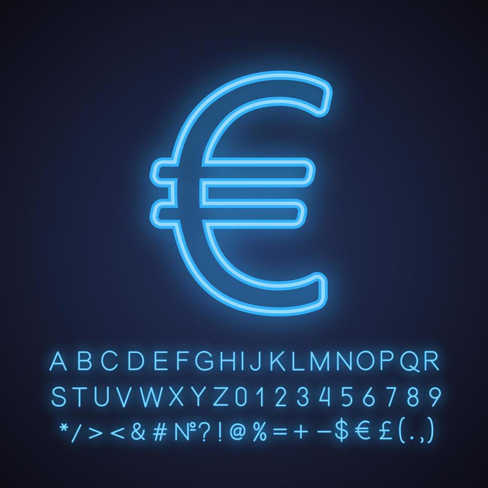 ícone de luz neon de sinal euro. moeda da união europeia. sinal brilhante com alfabeto, números e símbolos. ilustração vetorial isolada vetor