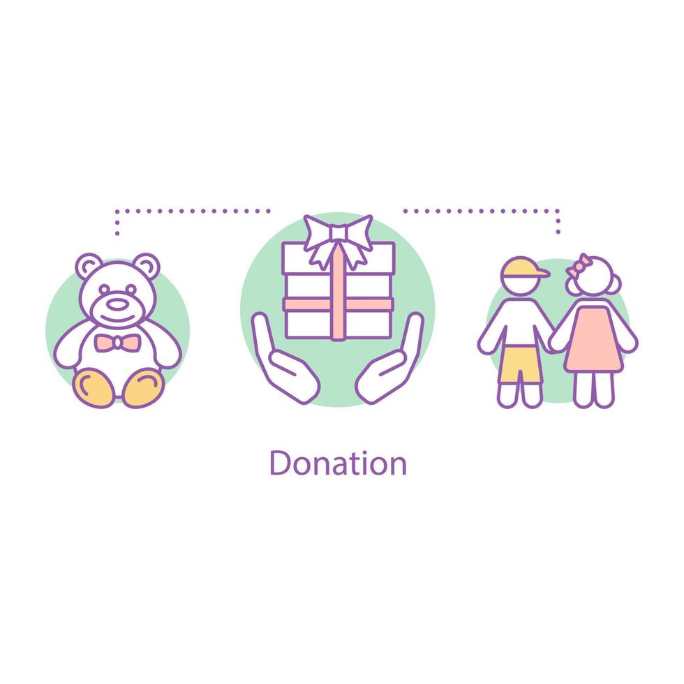 ícone do conceito de doação. ilustração de linha fina de ideia de caridade infantil. doar presente para criança. Fundação de caridade. proteção das crianças. desenho de contorno isolado de vetor